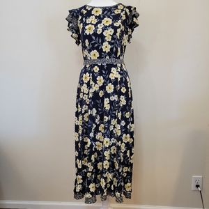 Perceptions Navy Yellow Floral Maxi Flutter Sleeve Fitted Dress Size Small